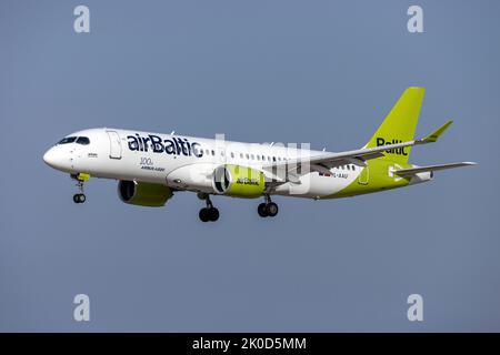 Air Baltic Airbus A220-300 (Reg.: YL-AAU) with the 100th A220 sticker. Stock Photo