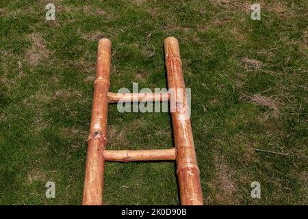 Brown ladder with a new challenge or promotion concept Stock Photo