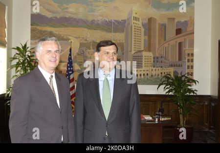 Secretary Mel Martinez in Los Angeles, California. Secretary Mel Martinez in Los Angeles, California Subject, Secretary Mel Martinez visiting Los Angeles, California for meetings with Los Angeles Mayor Jim Hahn and local HUD office directors and staff, along with an appearance at the Dolores Mission Church. Stock Photo