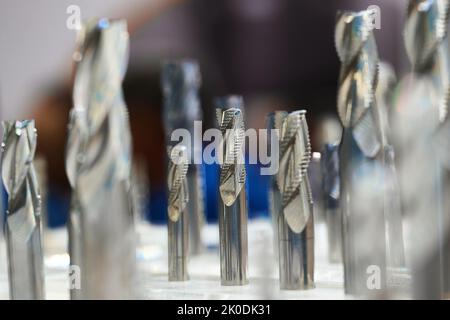 Metalwork drill bits with flat tops in hardware store macro Stock Photo