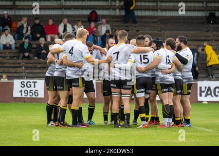 Rugby match between NRK Trojan (black-red) and Stockholm Exiles in Norrköping on September 10, 2022 at Bollspelaren Arena. Stock Photo