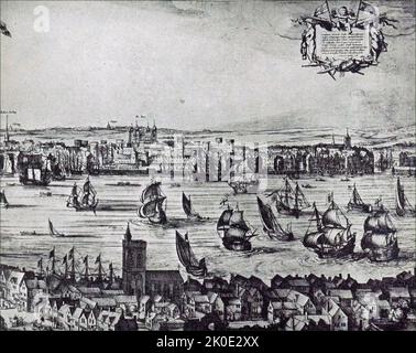 Bridewell Palace and Blackfriars Monastery at entrance to Fleet River. From a model by John B Thorp in the London Museum. John Thorpe or Thorp (c.1565-1655) was an English architect. Stock Photo