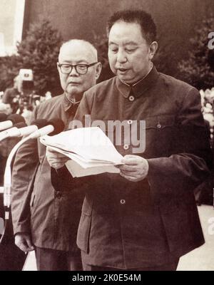 Hua Guofeng the Chinese leader reads a eulogy at Zhu De's memorial ...
