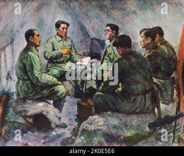 North Korean propaganda oil painting showing resistance fighters planning attacks against the Japanese. Meeting of Men and Women in Langgang-hyeon, 1938. Stock Photo
