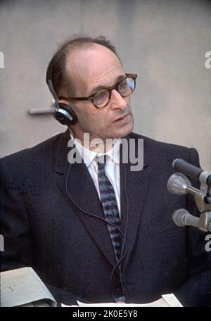 Trial of Adolf Eichmann in Israel 1962. Eichmann (1906 - 1 June 1962) was a German-Austrian SS-Obersturmbannfuhrer and one of the major organisers of the Holocaust (the 'Final Solution to the Jewish Question' in Nazi terminology). Eichmann was found guilty of war crimes in a widely publicised trial in Jerusalem, where he was executed by hanging in 1962. Stock Photo