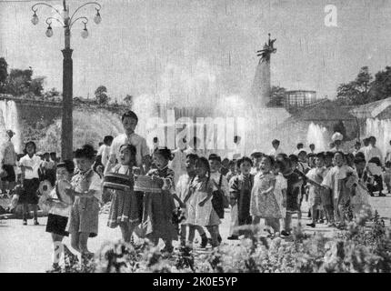 Photograph of national celebrations in Pyongyang, North Korea. Celebrations is built around the cult of the leader Kim Il Sung, 1961. Stock Photo