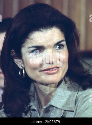 1971 photograph of Jacqueline 'Jackie' Kennedy Onassis (1929 - 1994) wife of President John F. Kennedy. A popular first lady. After the assassination and funeral of her husband in 1963, Kennedy and her children largely withdrew from public view. In 1968, she married Greek shipping magnate Aristotle Onassis. Stock Photo