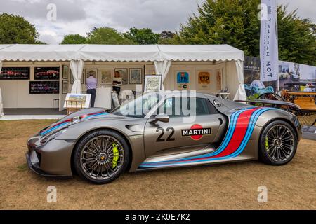 2015 Porsche 918 Spyder plug-in hybrid hypercar on display at the Salon Privé Concours d’Elégance motor show held at Blenheim Palace Stock Photo