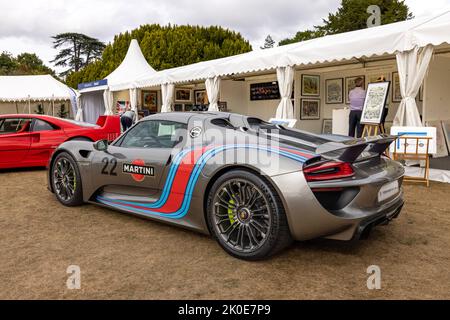 2015 Porsche 918 Spyder plug-in hybrid hypercar on display at the Salon Privé Concours d’Elégance motor show held at Blenheim Palace Stock Photo