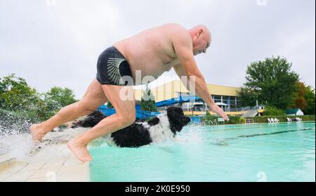 Pattensen, Germany. 11th Sep, 2022. Newfoundland Georg and his owner Heino Kook jump into the water together at the Pattensen outdoor pool in the Hanover region. At the end of the season, many outdoor pools open for four-legged guests: On the last day of opening, dogs are allowed to jump into the cool wet with their owners. Credit: Julian Stratenschulte/dpa/Alamy Live News Stock Photo