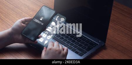 Banner of woman searching on smartphone for customer support with VR screen. Technology internet. Call center and customer service. Contact us. Stock Photo
