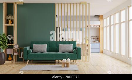 Living room interior in warm tones with green sofa which is behind the kitchen.3d rendering Stock Photo