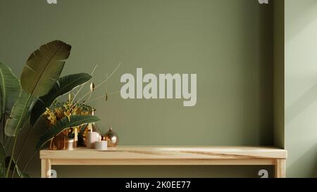 Mockup green wall with wooden shelf in kitchen room.3d rendering Stock Photo