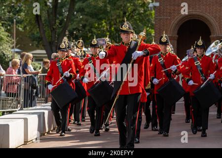 Brentwood, UK. 11th Sep, 2022. Brentwood Essex 11th Sept 2022 The Proclamation of Accession at the Town Hall, Brentwood Essex, read by the Mayor of Brentwood Mrs Olivia Francois and the introduction read by Col. Peter Christian, Deputy Lieutenant of Essex Brentwood Imperial Youth Band arrive at the cermony Credit: Ian Davidson/Alamy Live News Stock Photo