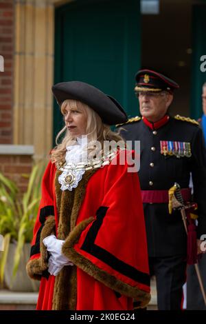 Brentwood, UK. 11th Sep, 2022. Brentwood Essex 11th Sept 2022 The Proclamation of Accession at the Town Hall, Brentwood Essex, read by the Mayor of Brentwood Mrs Olivia Francois (front) and the introduction read by Col. Peter Christian, Deputy Lieutenant of Essex (rear) Credit: Ian Davidson/Alamy Live News Stock Photo