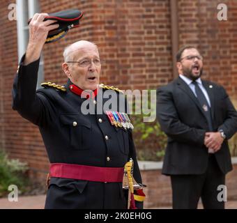 Brentwood, UK. 11th Sep, 2022. Brentwood Essex 11th Sept 2022 The Proclamation of Accession at the Town Hall, Brentwood Essex, read by the Mayor of Brentwood Mrs Olivia Francois and the introduction read by Col. Peter Christian, Deputy Lieutenant of Essex Col. Peter Christian, Pictured Deputy Lieutenant of Essex leads three cheers for His majesty The King, Credit: Ian Davidson/Alamy Live News Stock Photo