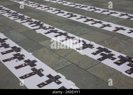 On the 200th day of the invasion of Ukraine by the Russian Federation, a memorial ceremony in honor of the killed Ukrainian children took place on September 11, 2022, in front of the Office of the Federal Chancellor, located at Willy-Brandt-Strasse 1 in Berlin, Germany's capital. According to the United Nations International Children's Emergency Fund, or UNICEF, nearly 1,000 children were killed or injured. UNICEF describes the situation of children from Ukraine as appalling. The lives of at least 7.5 million children are in danger and several million children are on the run. Most verified chi Stock Photo