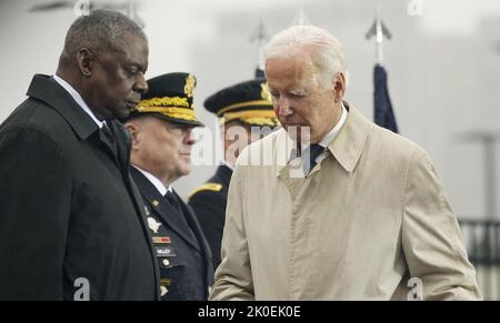 Arlington, United States. 11th Sep, 2022. Chairman of the Joint Chiefs of Staff General Mark Milly and Secretary of Defense Lloyd Austin stand as President Joe Biden delivers remarks to honor and remember the victims of the September 11th terror attack at the Pentagon in Arlington, VA on Sunday, September 11, 2022. On September 11, 2001, 125 military personnel and civilians were killed in the Pentagon, along with all 64 people aboard American Airlines flight 77. Photo by Leigh Vogel/UPI Credit: UPI/Alamy Live News Stock Photo