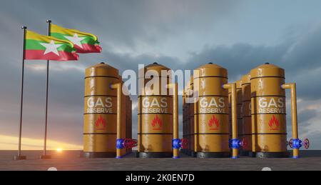 Myanmar gas reserve, Myanmar Gas storage reservoir, Natural gas tank Myanmar with flag Myanmar, sanction on gas, 3D work and 3D image Stock Photo