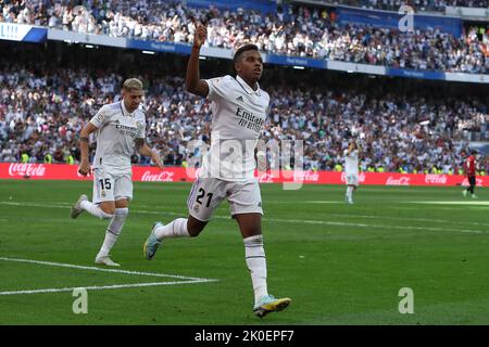 Madrid, Spain. 11th September, 2022. Real Madrid´s Rodrygo celebrates during La Liga match day 5 between Real Madrid and Mallorca at Santiago Bernabeu Stadium in Madrid, Spain, on September 11, 2022. Credit: Edward F. Peters/Alamy Live News Stock Photo