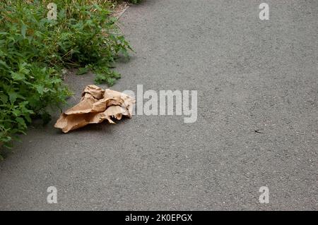 a crumpled piece of brown kraft paper lies on the asphalt next to the green grass Stock Photo