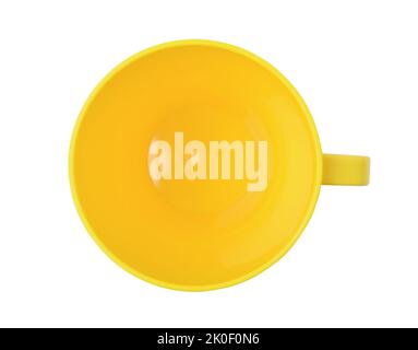 Yellow plastic cup isolated on white. Top view. Stock Photo