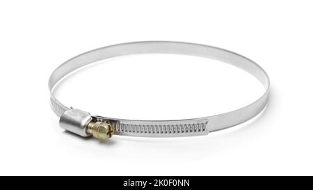 Stainless steel hose clamps isolated on white. Stock Photo