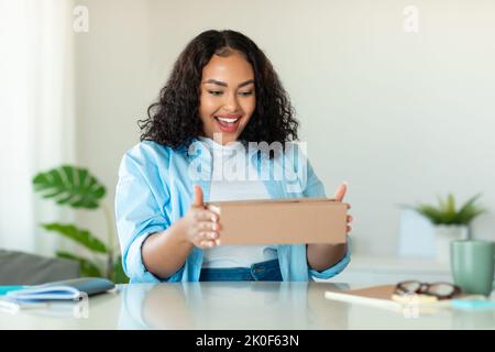 Excited Black Lady Buyer Holding Cardboard Box Unpacking Parcel Indoors Stock Photo