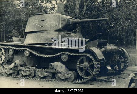 Destroyed Soviet T-26 light tank of the Red Army, in battles against the Germans Stock Photo