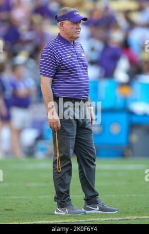 Baton Rouge, LA, USA. 10th Sep, 2022. LSU Head Coach Brian Kelly watches his team warm up prior to NCAA football game action between the Southern Jaguars and the LSU Tigers at Tiger Stadium in Baton Rouge, LA. Jonathan Mailhes/CSM/Alamy Live News Stock Photo
