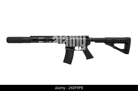 Modern automatic rifle isolated on white background. Weapons for police, special forces and the army. A carbine with silencer on a white background. Stock Photo