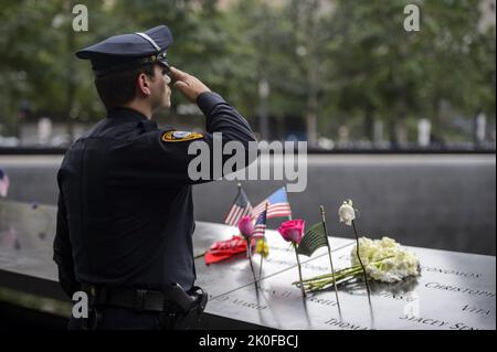 New York, United States. 11th Sep, 2022. A service member pays respects at the National September 11th Memorial in New York City on Sunday, September 11, 2022. Photo by Bonnie Cash/UPI Credit: UPI/Alamy Live News Stock Photo