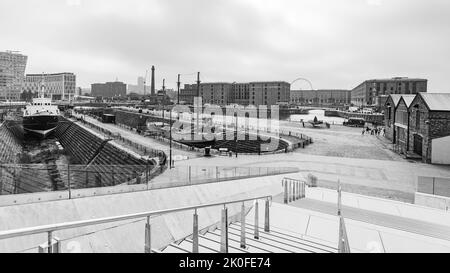 Historic docks of Liverpool seen in black and white on the Liverpool waterfront seen in September 2022 including the Royal Albert Dock. Stock Photo