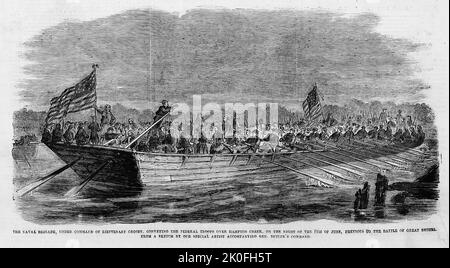 The Naval Brigade, under command of Lieutenant Crosby, conveying the Federal troops over Hampton Creek, on the night of June 8th, 1861, previous to the Battle of Great Bethel, Virginia. Battle of Big Bethel in the American Civil War. 19th century illustration from Frank Leslie's Illustrated Newspaper