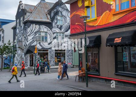 Colourfully painted shop buildings in downtown Reykjavik, Iceland Stock Photo