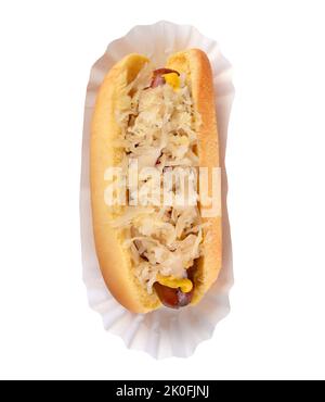High angle shot of a hotdog with mustard and sauerkraut isolated on white. Stock Photo