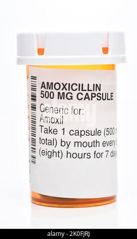 IRVINE, CALIFORNIA - 10 SEPT 2022: A presription bottle of Amoxicillin antibiotic 500mg capsules. Stock Photo