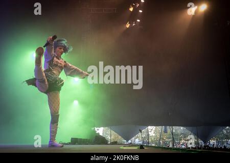 Roskilde, Denmark. 02nd, July 2022. The Brazilian electronic music act and  performance art group Teto Preto performs a live concert during the Danish  music festival Roskilde Festival 2022 in Roskilde. Here vocalist
