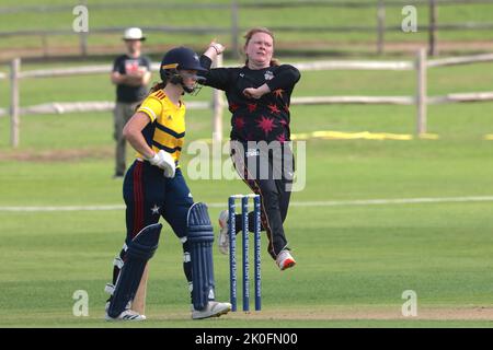 Beckenham, UK. 11 September, 2022. London,UK.  Central Sparks Liz Russell bowling as The South East Stars take on The Central Sparks in the Rachael Heyoe-Flint Trophy match at The County Ground, Beckenham. Credit: David Rowe/Alamy Live News Stock Photo