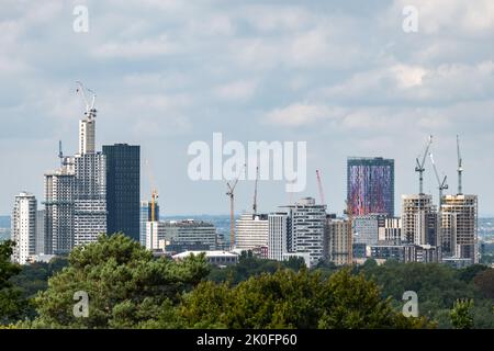 Central Croydon skyline showing intensive building work construction with 11 tower cranes amongst the skyscrapers and tall buildings. Sep 2022. Stock Photo