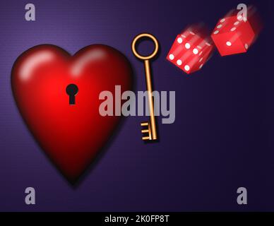 Heart with keyhole. Golden key and dice. 3D rendering Stock Photo
