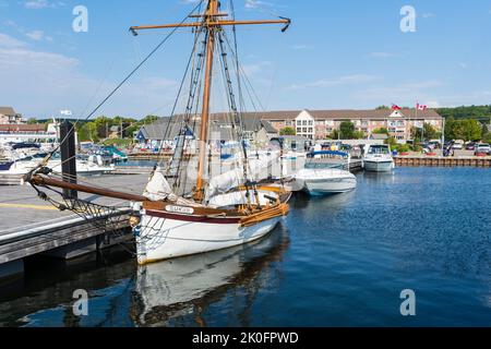 HMS Badger boat replica at the town docks, Penetanguishene, Ontario, Canada Stock Photo