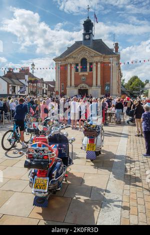 Residents of Henley-on-Thames gather in front of the Town Hall to hear the Proclamation Service for the Accession of King Charles III Stock Photo