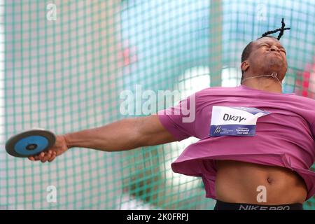 Zagreb, Croatia. 11th Sep, 2022. ZAGREB, CROATIA - SEPTEMBER 11: Lawrence Okoye of Great Britain competes in Men's Discus Throw during the World Athletics Continental Tour Gold 2022 - 72nd Boris Hanzekovic Memorial at Mladost Stadium on September 11, 2022 in Zagreb, Croatia. Photo by Igor Kralj/Pixsell Credit: Pixsell photo & video agency/Alamy Live News Stock Photo