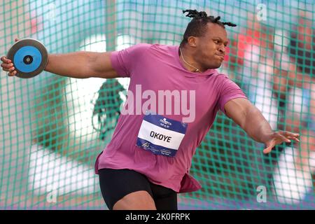 Zagreb, Croatia. 11th Sep, 2022. ZAGREB, CROATIA - SEPTEMBER 11: Lawrence Okoye of Great Britain competes in Men's Discus Throw during the World Athletics Continental Tour Gold 2022 - 72nd Boris Hanzekovic Memorial at Mladost Stadium on September 11, 2022 in Zagreb, Croatia. Photo by Igor Kralj/Pixsell Credit: Pixsell photo & video agency/Alamy Live News Stock Photo