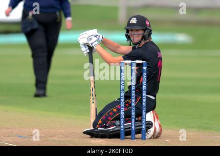 Beckenham, UK. 11 September, 2022. London,UK.  Evelyn Jones has a smile as The South East Stars take on The Central Sparks in the Rachael Heyoe-Flint Trophy match at The County Ground, Beckenham. Credit: David Rowe/Alamy Live News Stock Photo