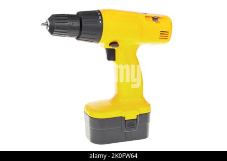 Cordless rechargeable electric drill on white background. Stock Photo
