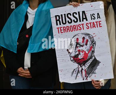 KRAKOW, POLAND. 11 September 2022.  Members of Ukrainian diasphora seen during the '200 days of Terror' protest in Krakow, on the 200th day of the Russian invasion of Ukraine.  Credit: ASWphoto/Alamy Live News Stock Photo