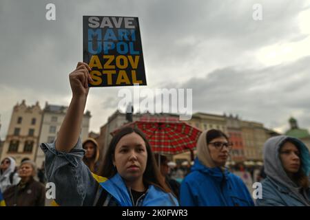 KRAKOW, POLAND. 11 September 2022.  Members of Ukrainian diasphora seen during the '200 days of Terror' protest in Krakow, on the 200th day of the Russian invasion of Ukraine.  Credit: ASWphoto/Alamy Live News Stock Photo