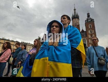 KRAKOW, POLAND. 11 September 2022.  Members of Ukrainian diasphora seen during the '200 days of Terror' protest in Krakow, on the 200th day of the Russian invasion of Ukraine.  Credit: ASWphoto/Alamy Live News Stock Photo